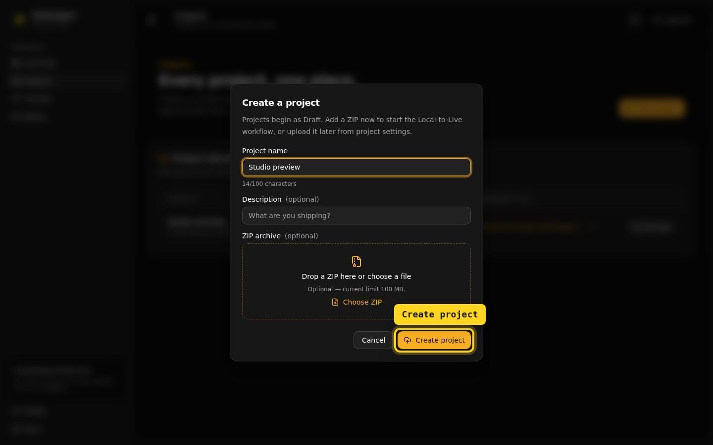 Sitedropper Create a project dialog with the Create project button outlined in yellow.