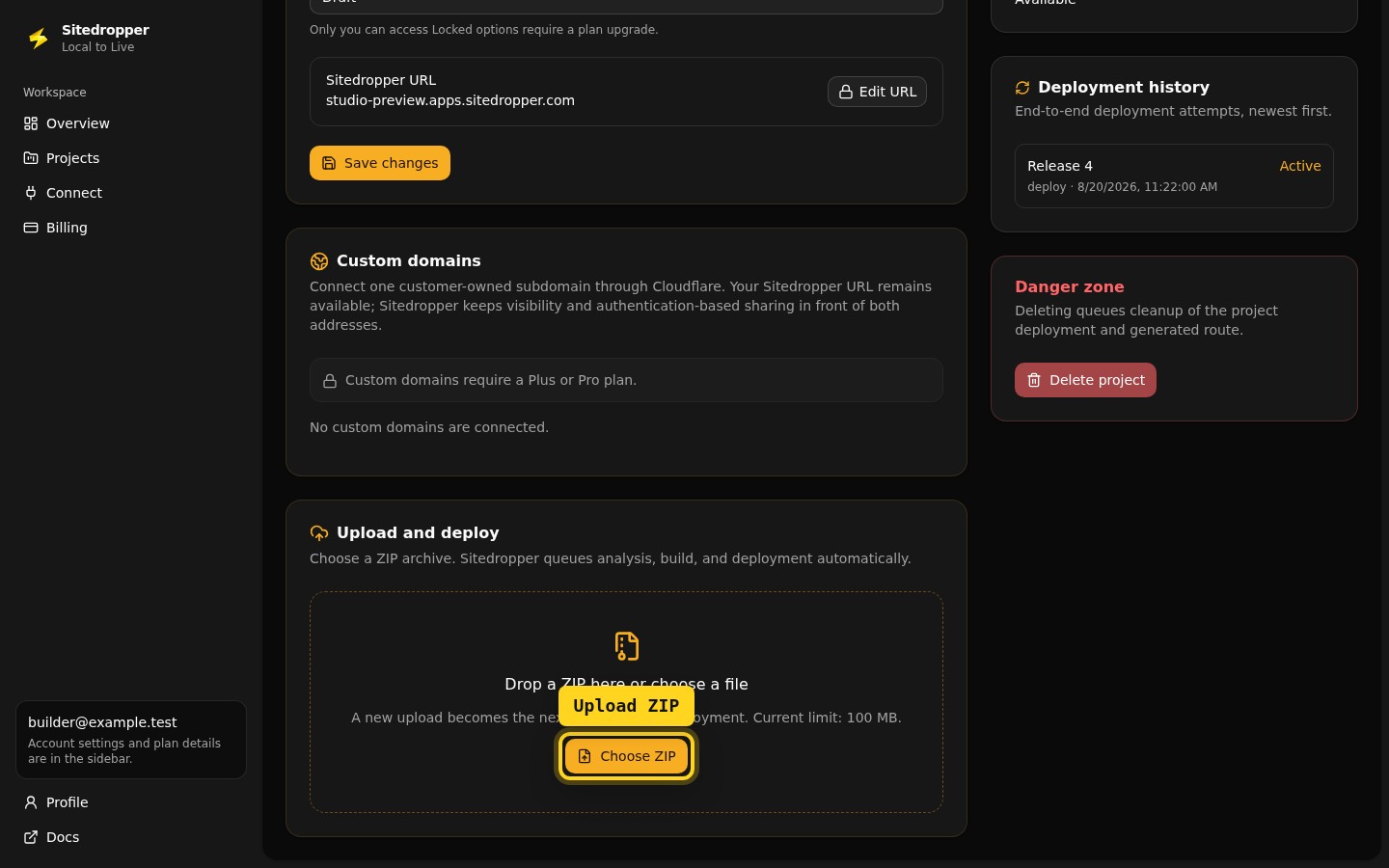 Sitedropper project page scrolled to Upload and deploy with the Choose ZIP control outlined in yellow.