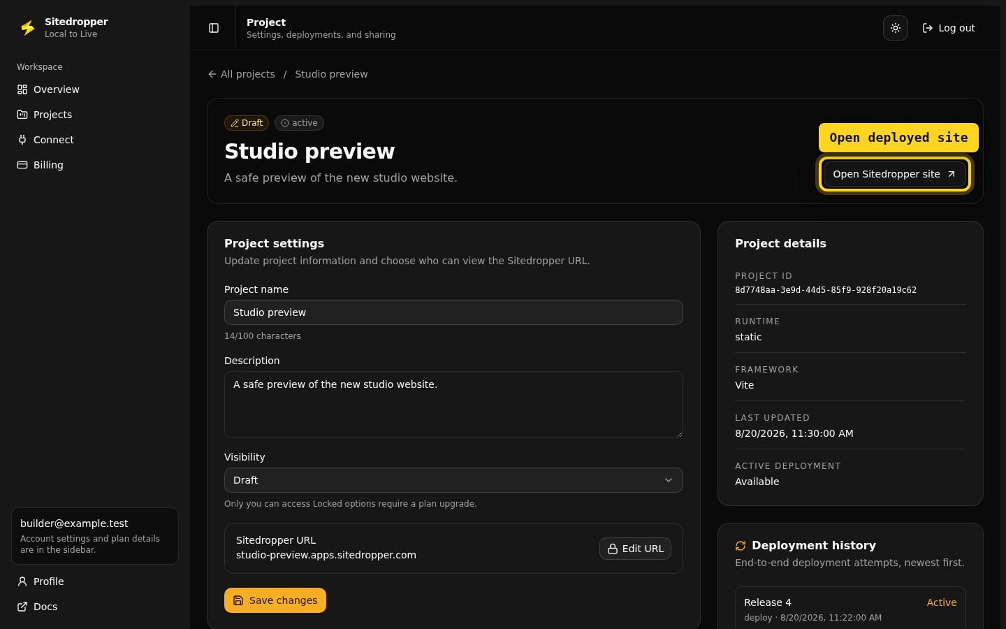 Sitedropper project page with the Open Sitedropper site button outlined in yellow.
