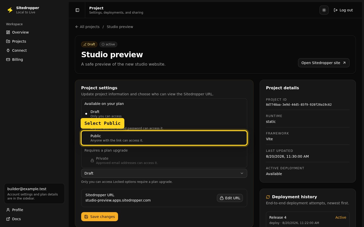 Sitedropper Project settings visibility menu showing Draft, Password protected, Public, and locked Private options.