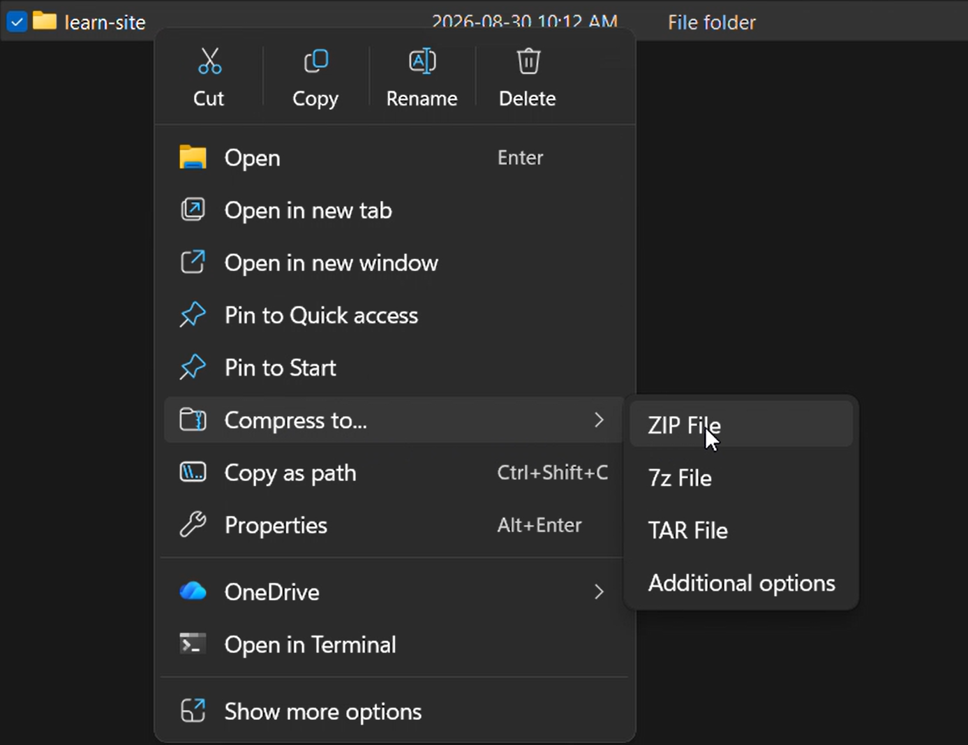 Windows File Explorer context menu with Compress to expanded and ZIP File selected.